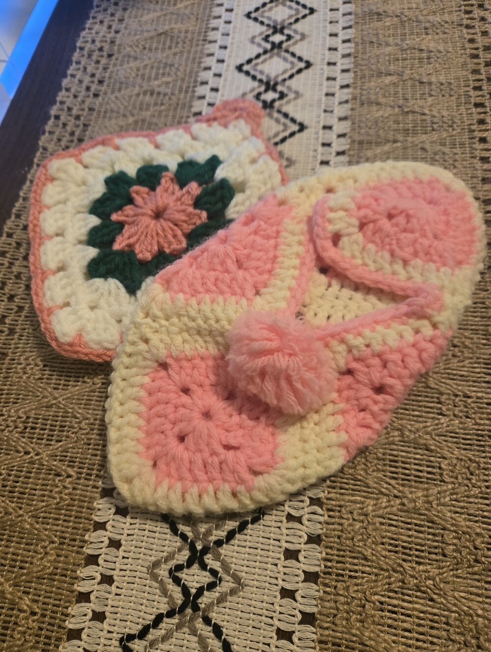 Vintage Handmade Crochet Pink Potholder And Mitt